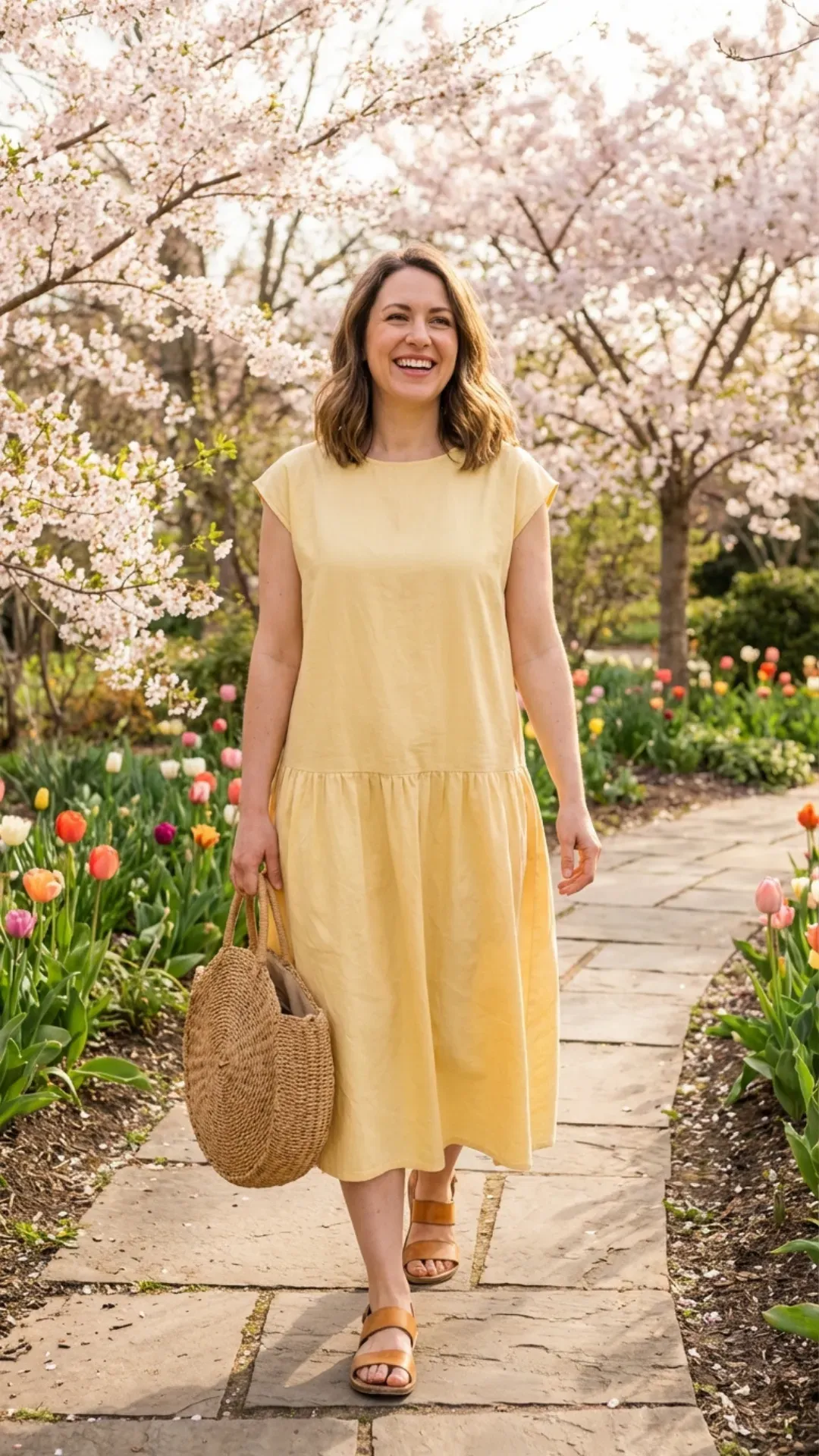 Butter yellow drop waist dress for a trendy 2026 spring outfit.