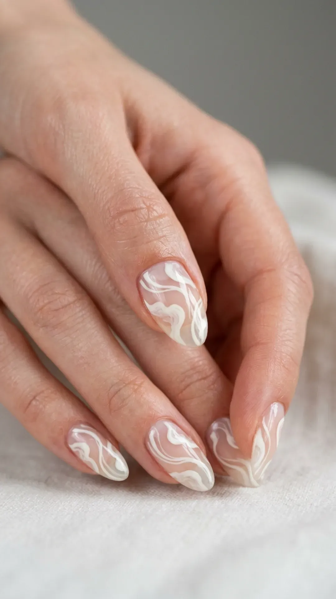  cloud dancer negative space swirl nail art artistic minimalist manicure by VANSWEG.COM