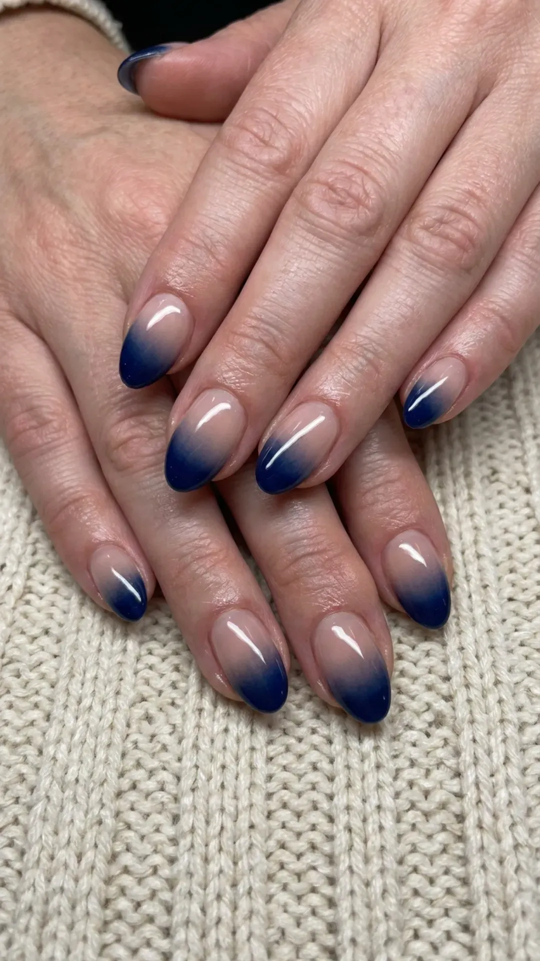 Navy Blue Ombre Nails - Ombre manicure with navy blue tips fading into natural base