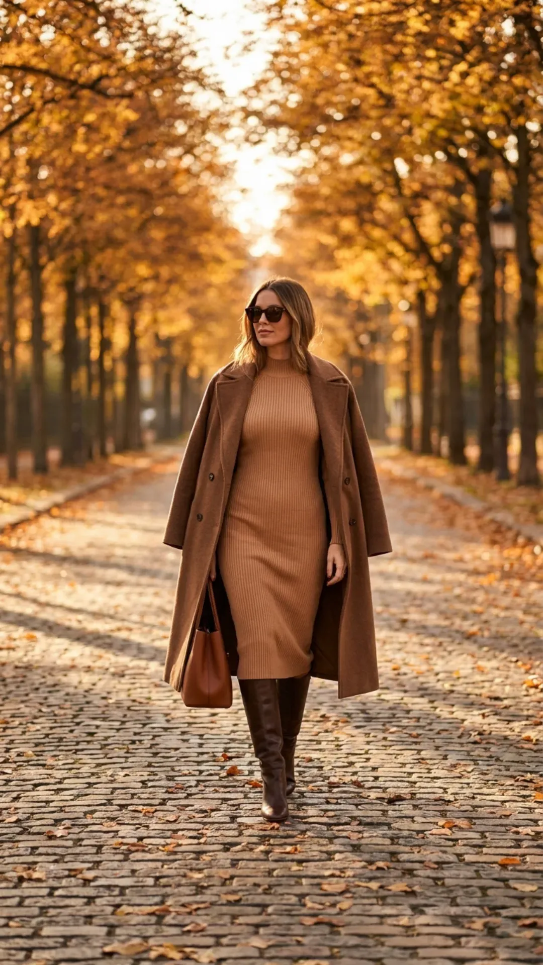 Camel knit midi dress styled with brown knee-high boots for an elegant fall look.