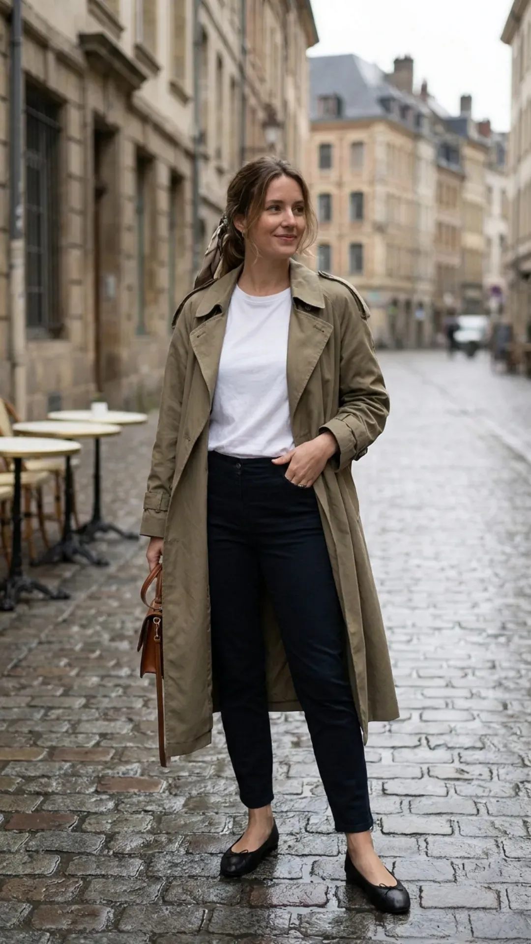 Classic trench coat over a white tee and black trousers for a timeless outfit.