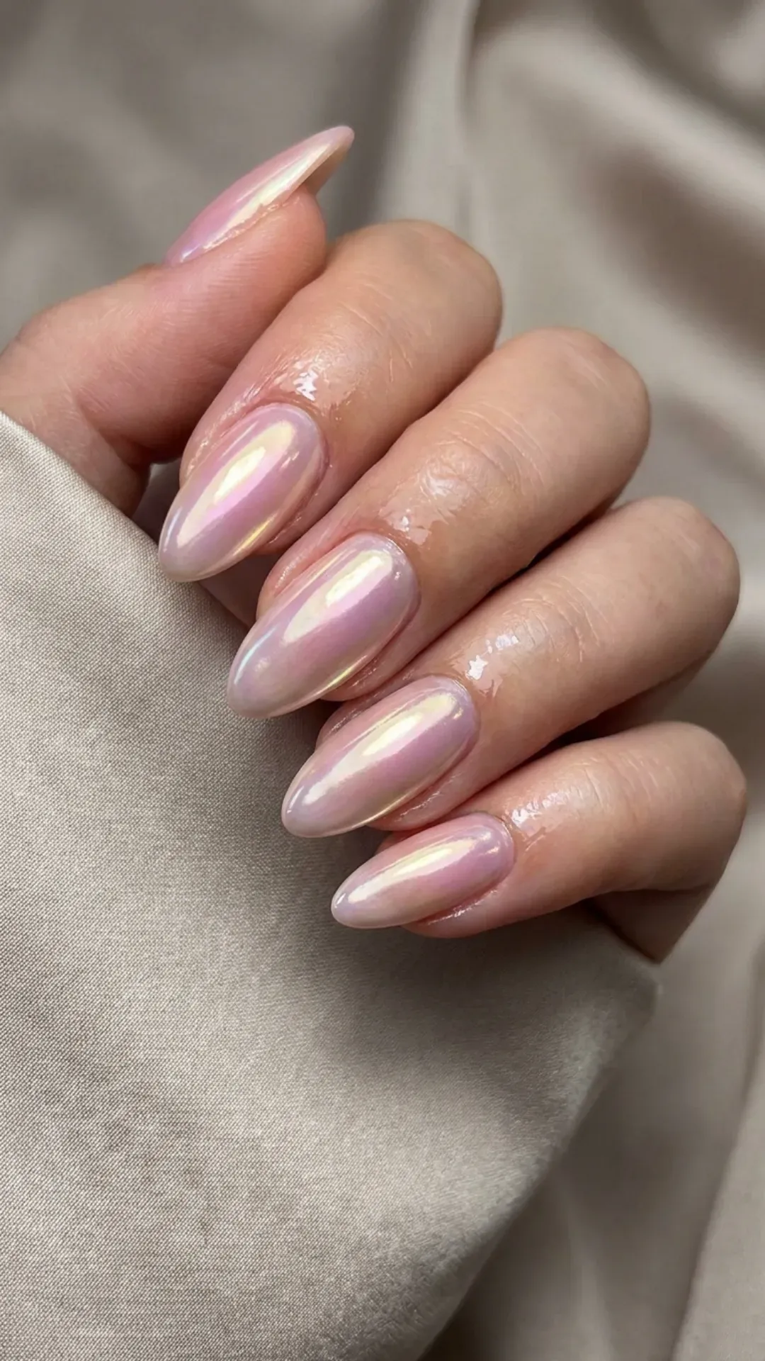 Chrome Pearl Syrup Nails - Iridescent chrome nails with syrupy sheen and soft pink hues