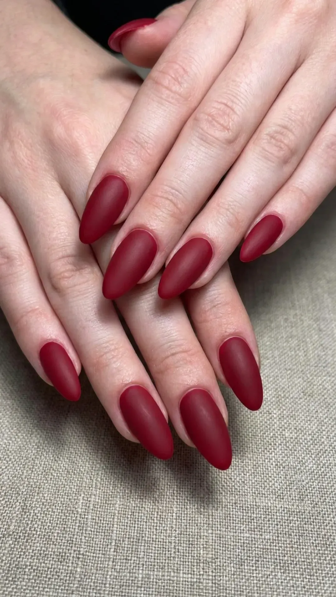 Matte Red Nails with Oval Shape - Soft matte red polish on almond-shaped nails