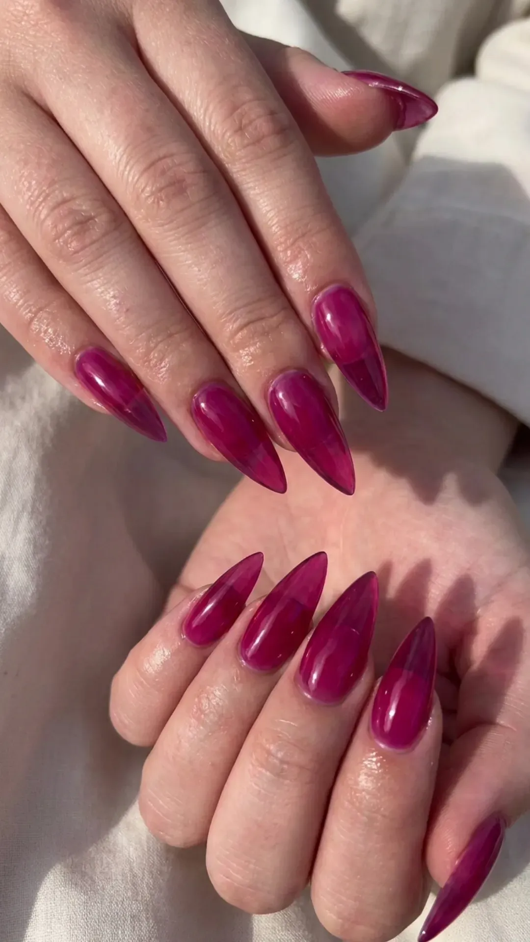 Magenta Syrup Stiletto Nails - Long glossy magenta syrup nails on both hands
