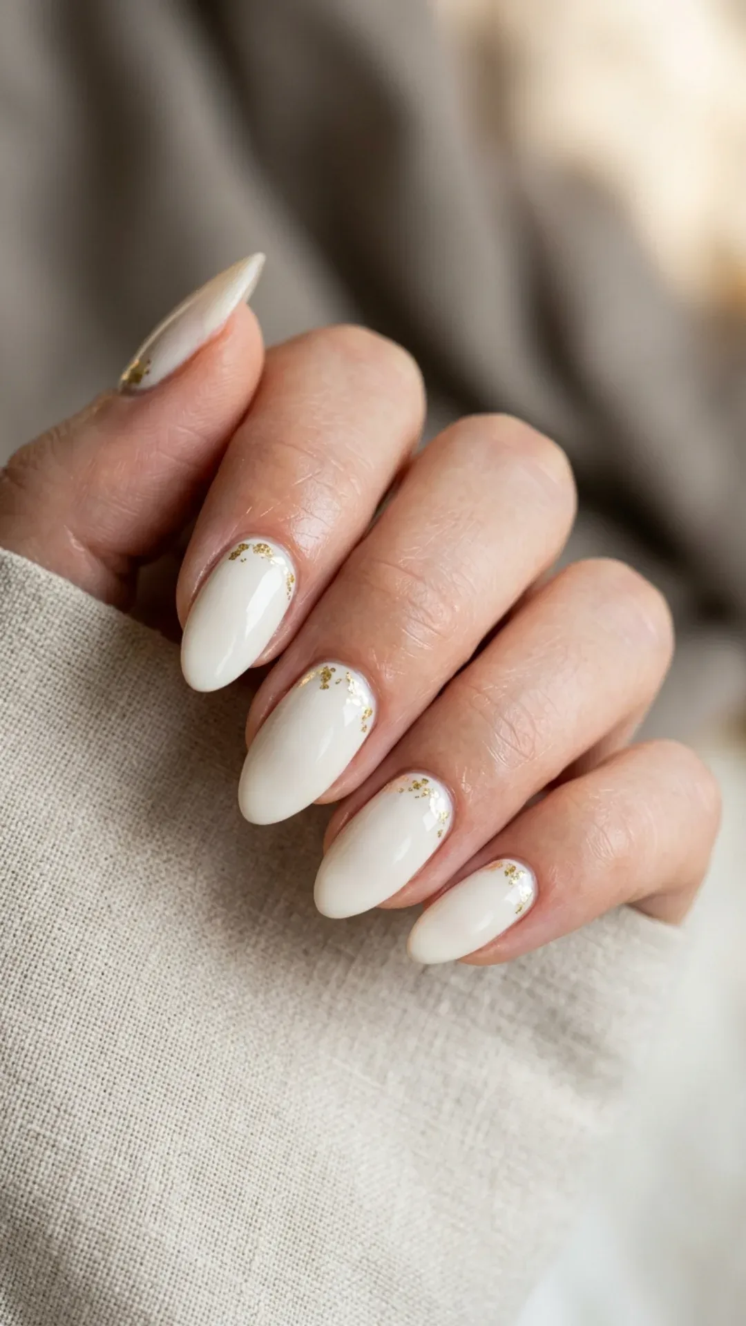 cloud dancer nails with delicate gold foil flakes luxury manicure by VANSWEG.COM