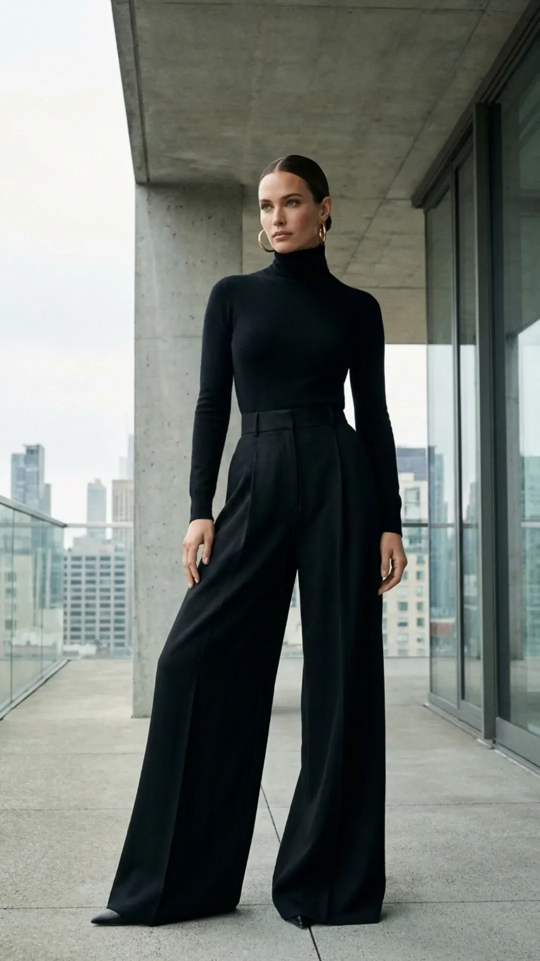 Black high-waisted trousers and fitted turtleneck for a sleek, minimal outfit