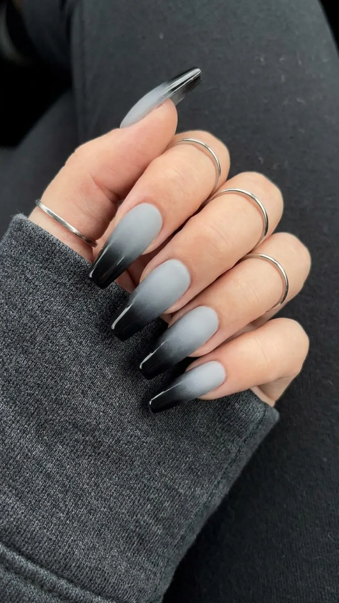 Gray to Black Ombre Nails - Long coffin nails with smooth gray to black fade
