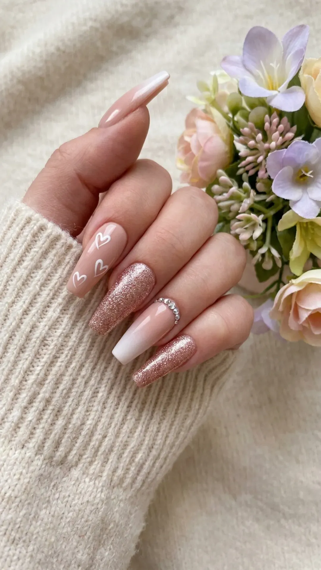 Elegant coffin nails featuring a nude pink base with a mix of solid, glitter, and ombre effects, accented by subtle white heart designs and rhinestone embellishments, perfect for a chic spring look