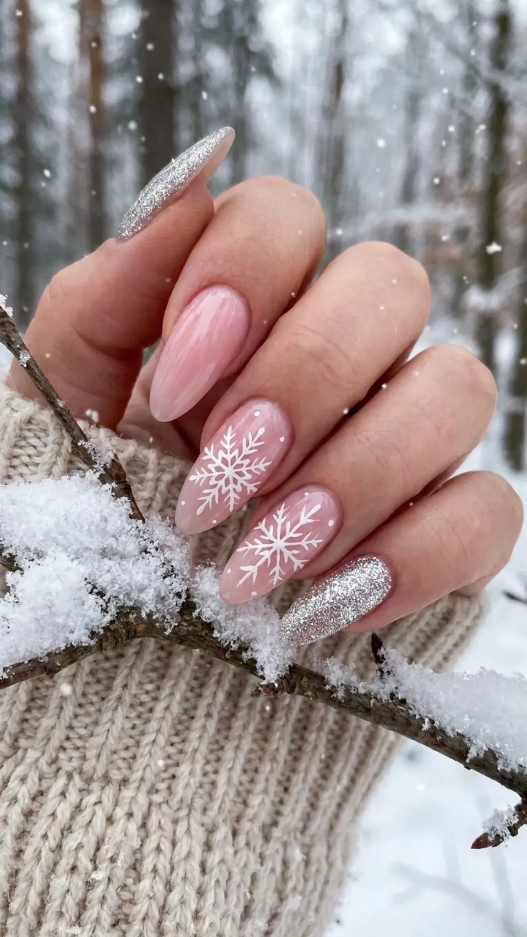 A set of long almond-shaped nails with a pink base, featuring white snowflake designs on the ring fingers and a sparkling silver glitter on the thumbnails, perfect for a winter wonderland theme.