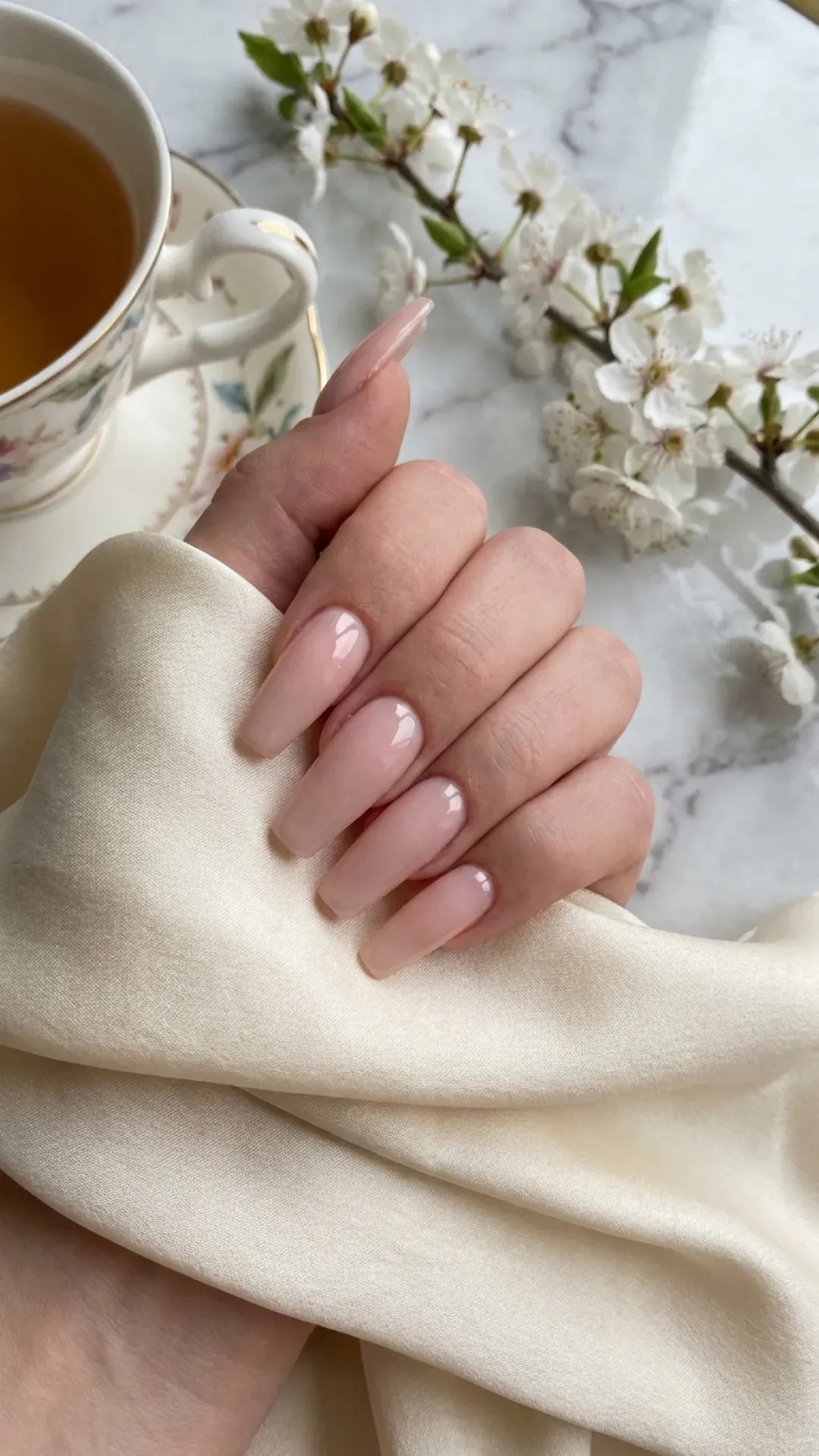 Elegant coffin nails painted in a soft blush pink shade with a glossy finish, offering a versatile look for everyday elegance and special events.
