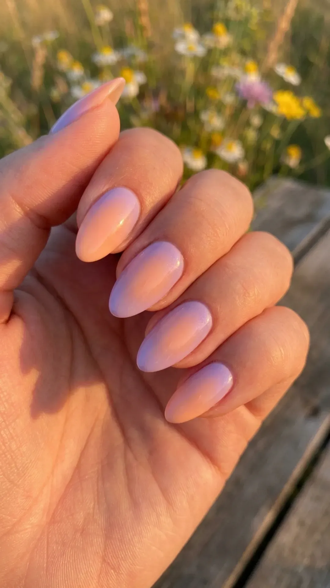 Medium almond nails with dreamy aura nail art in peach-to-lavender gradient blends, soft halo glow effect — summer 2026