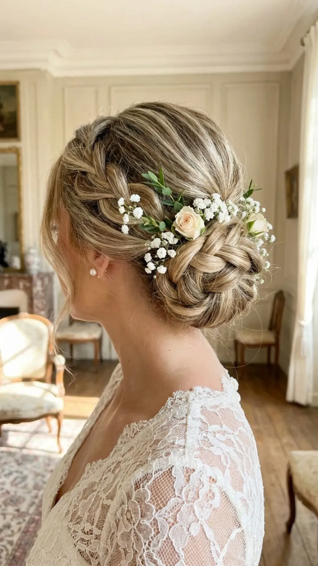 Classic blonde braided updo adorned with delicate floral accents, ideal for a traditional bride aiming for a timeless and elegant wedding hairstyle.