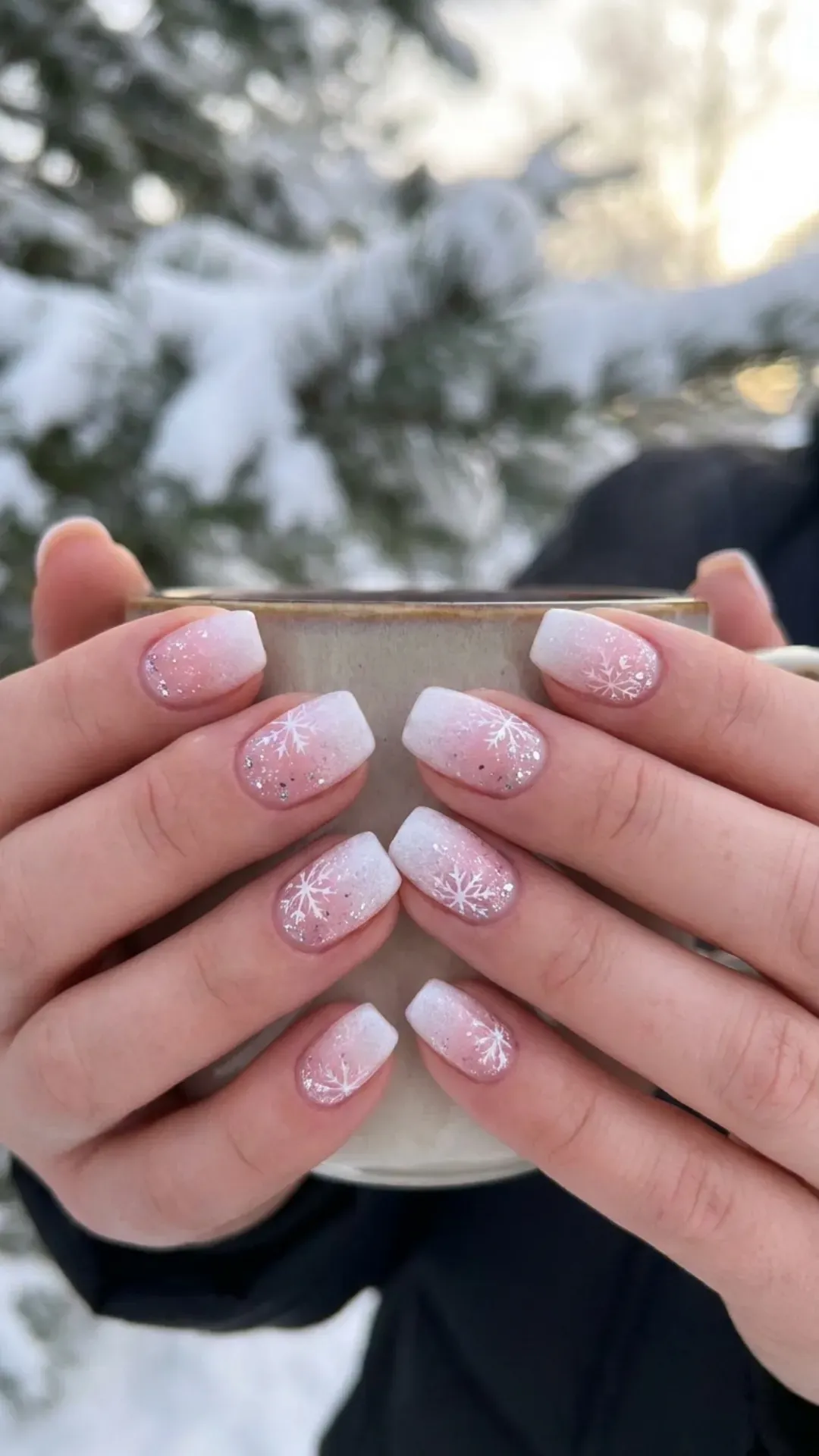 Charming pink ombre winter nails with glitter accents and white snowflake art, capturing the essence of a frosty winter landscape.