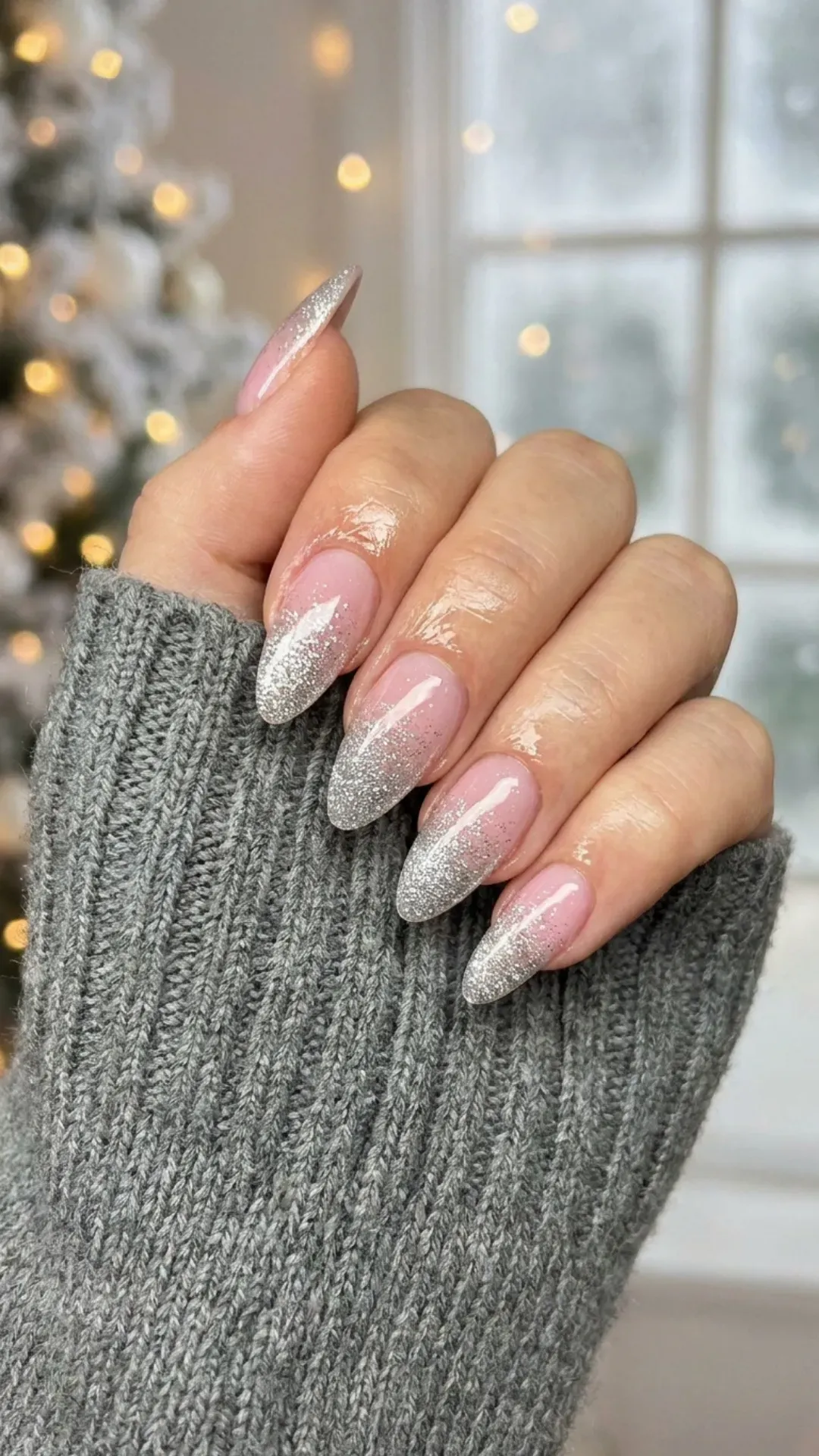 Pink nails with a shimmering silver glitter ombre effect, adorned with a high-gloss finish that transitions smoothly from the base to the tip, offering a chic and festive look for the winter season.