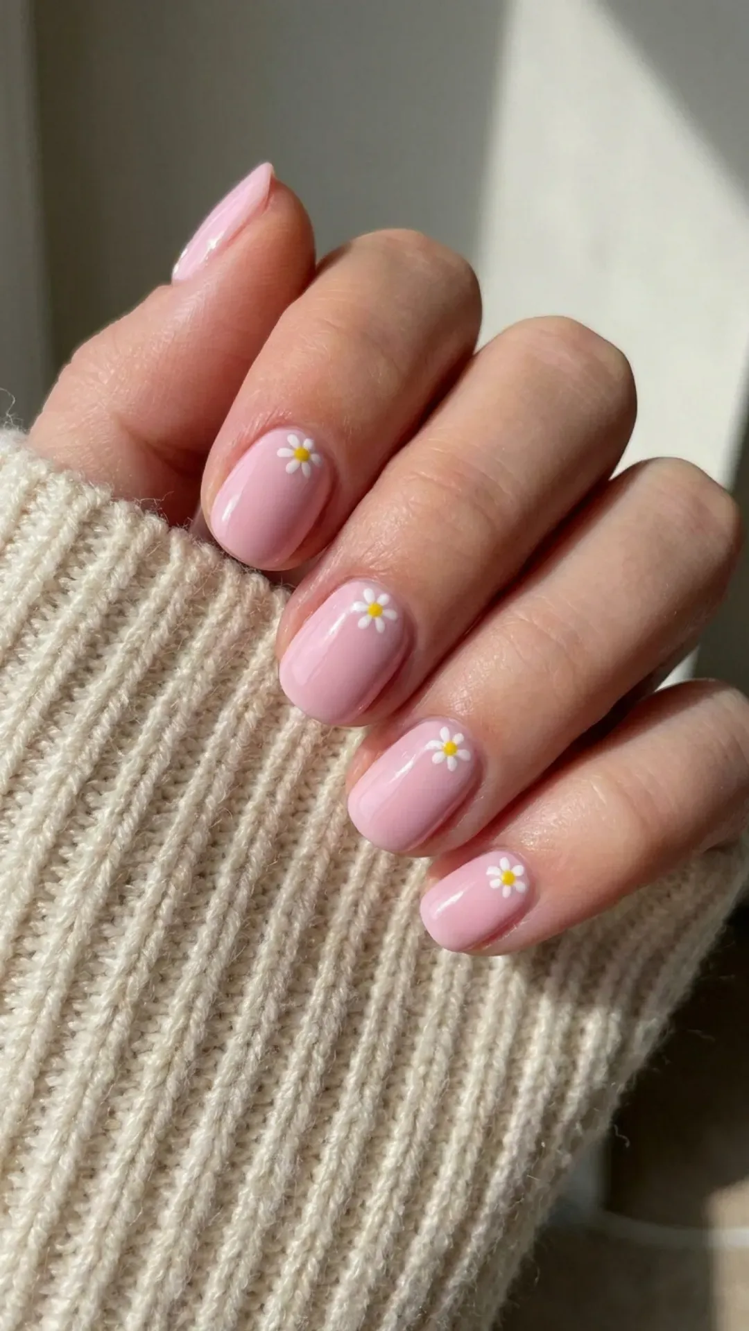 Short, rounded nails coated in a pastel pink polish, each accented with a single white daisy with a yellow center near the base, offering a minimalist and feminine nail aesthetic.