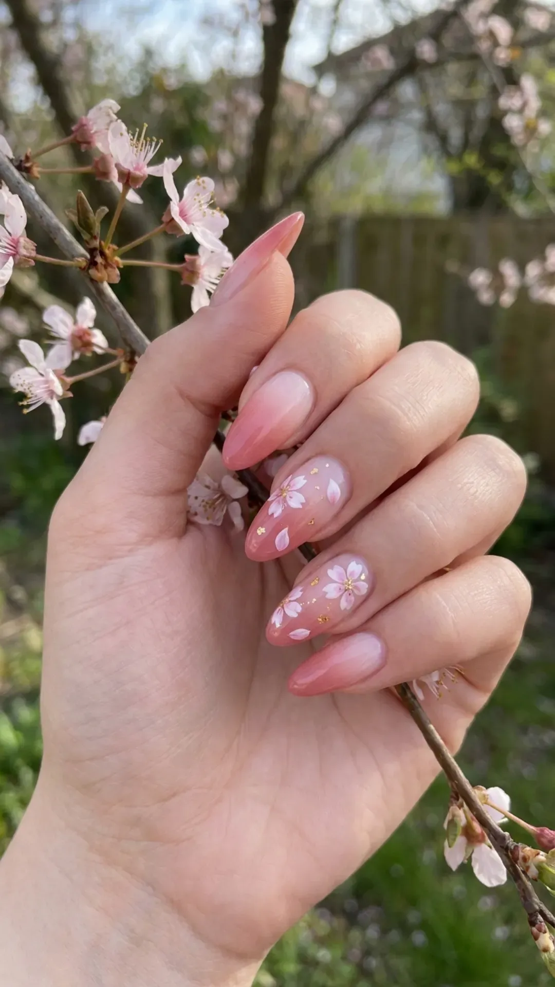 A gradient of pink hues from pale to deeper tones on elongated nails, embellished with subtle cherry blossom petals and gold flake accents for a sophisticated springtime look.
