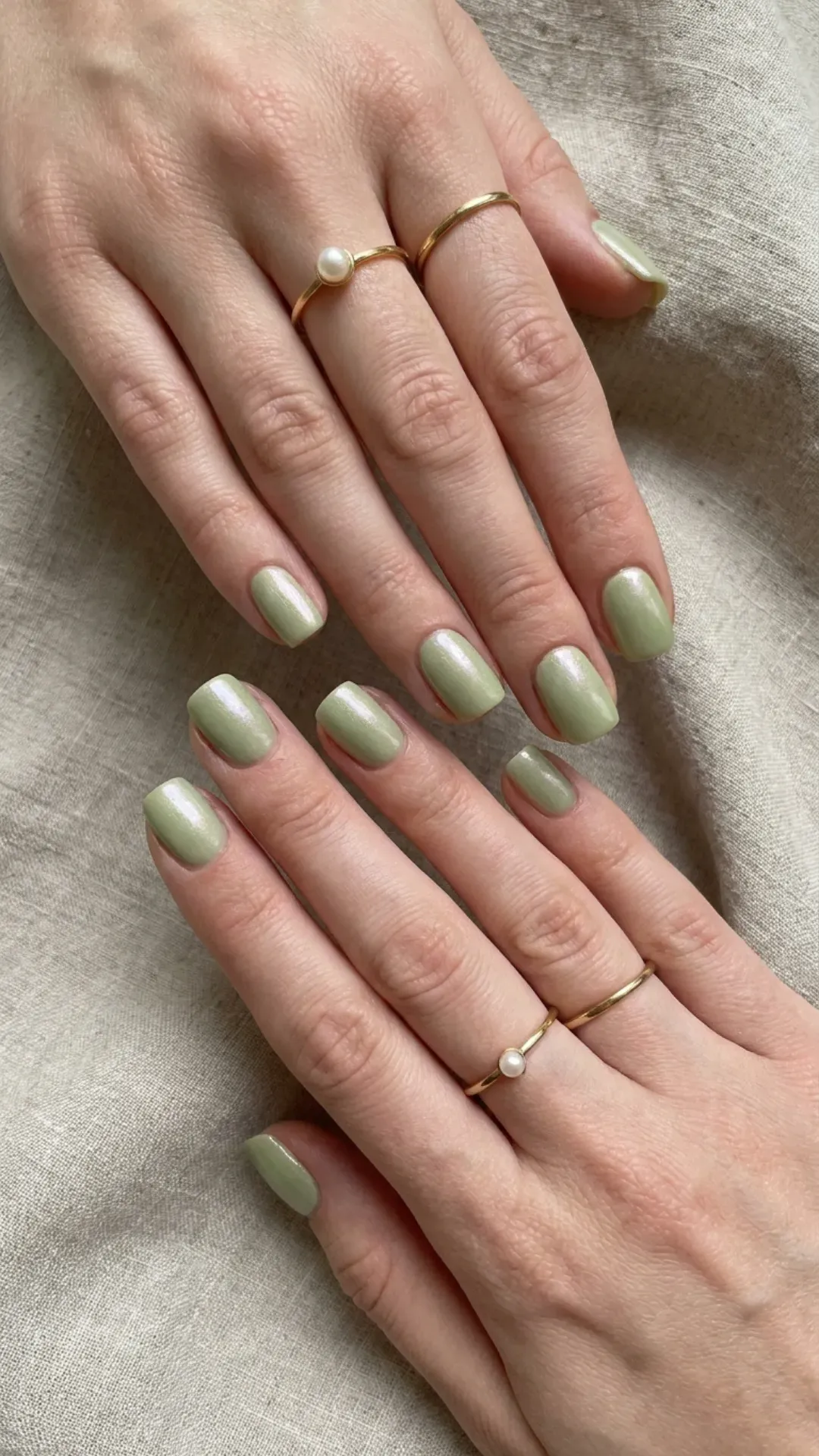 Short square nails painted in soft pistachio green with cream shimmer finish, styled with gold rings — summer nail trend 2026