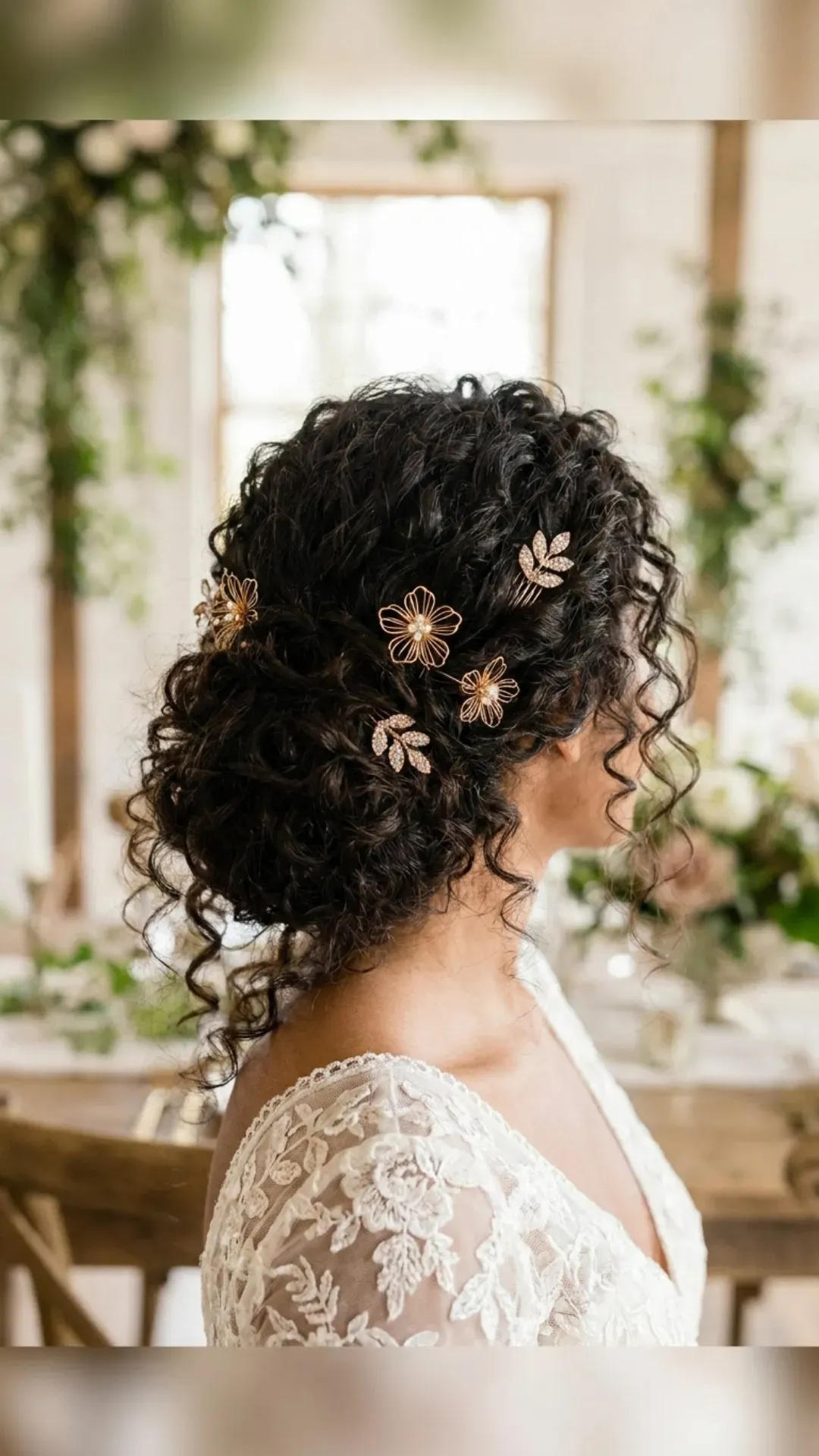 Lush curly updo embellished with golden floral accessories, adding glamour and a touch of bohemian flair, perfect for a bride's sophisticated wedding day style.