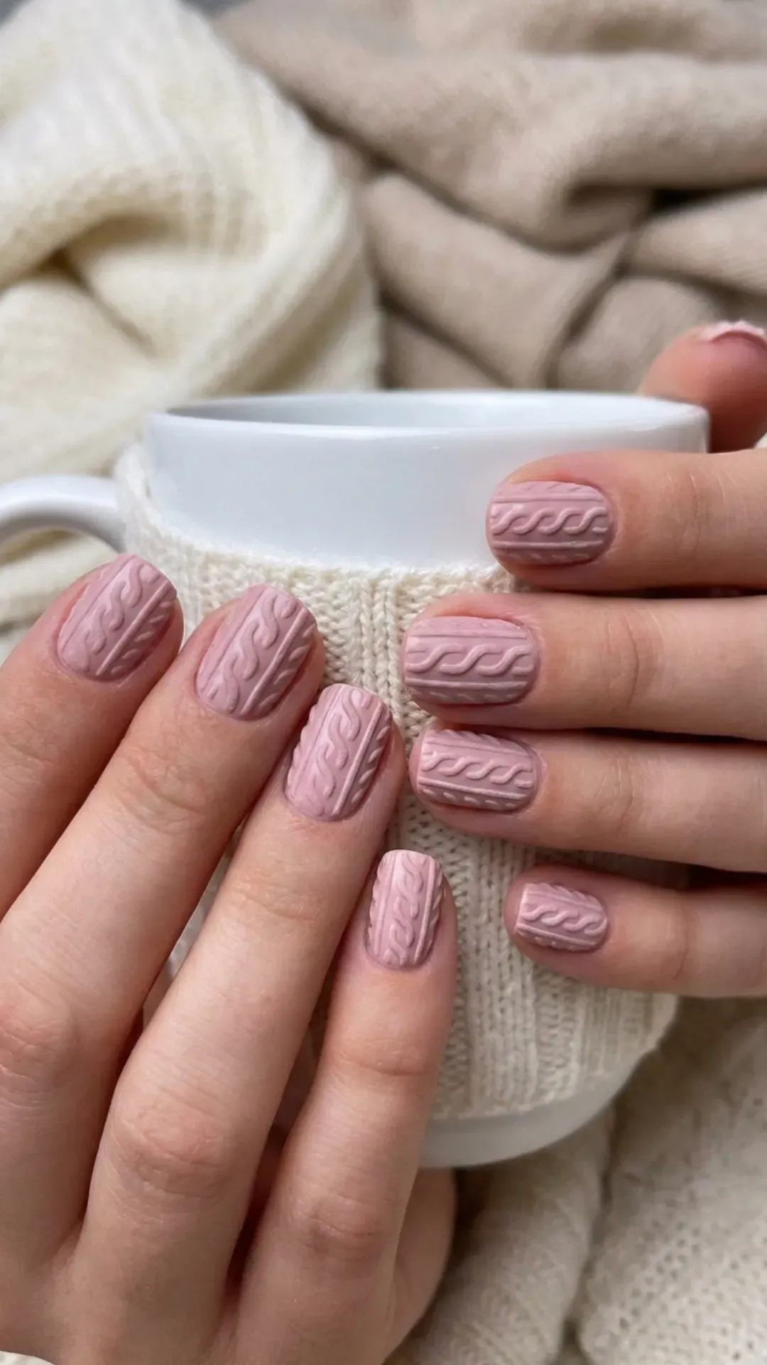  Short, neatly manicured nails with a cozy pink sweater pattern, presenting a 3D knitted effect that resembles a warm winter fabric, ideal for a cute and textured winter nail design.