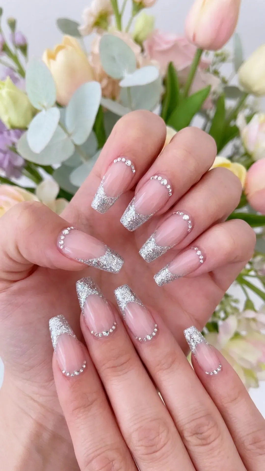 Stylish coffin nails with a contemporary flair, featuring silver glitter French tips paired with a translucent pink base, adorned with delicate rhinestone accents for a sparkling springtime manicure