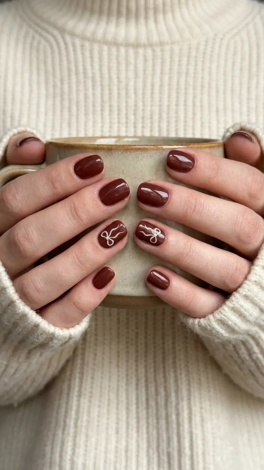 Rich cherry mocha nails complemented by dainty hand-drawn bows, offering a subtle and sophisticated appearance.