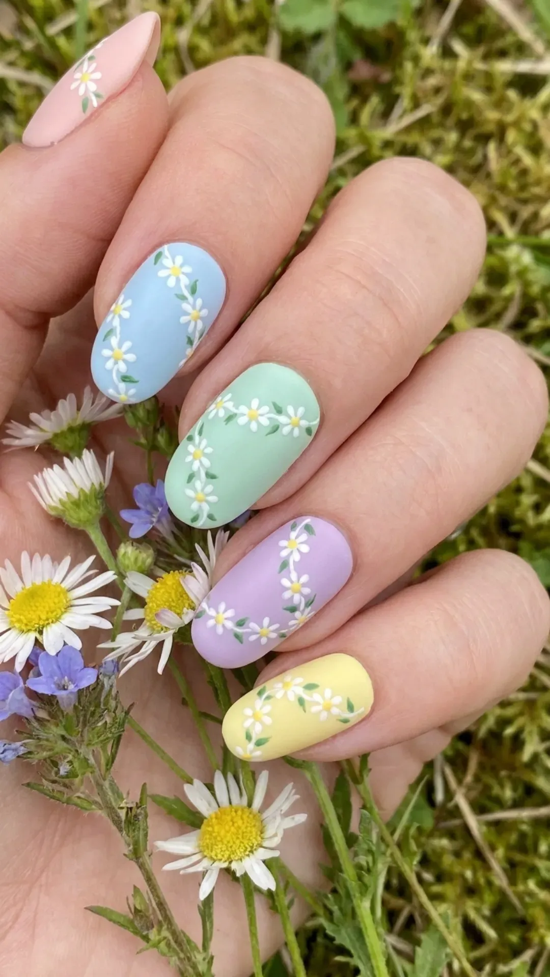 A variety of pastel-colored nails with a matte finish, adorned with a delicate white daisy chain pattern, providing a playful yet elegant springtime manicure.