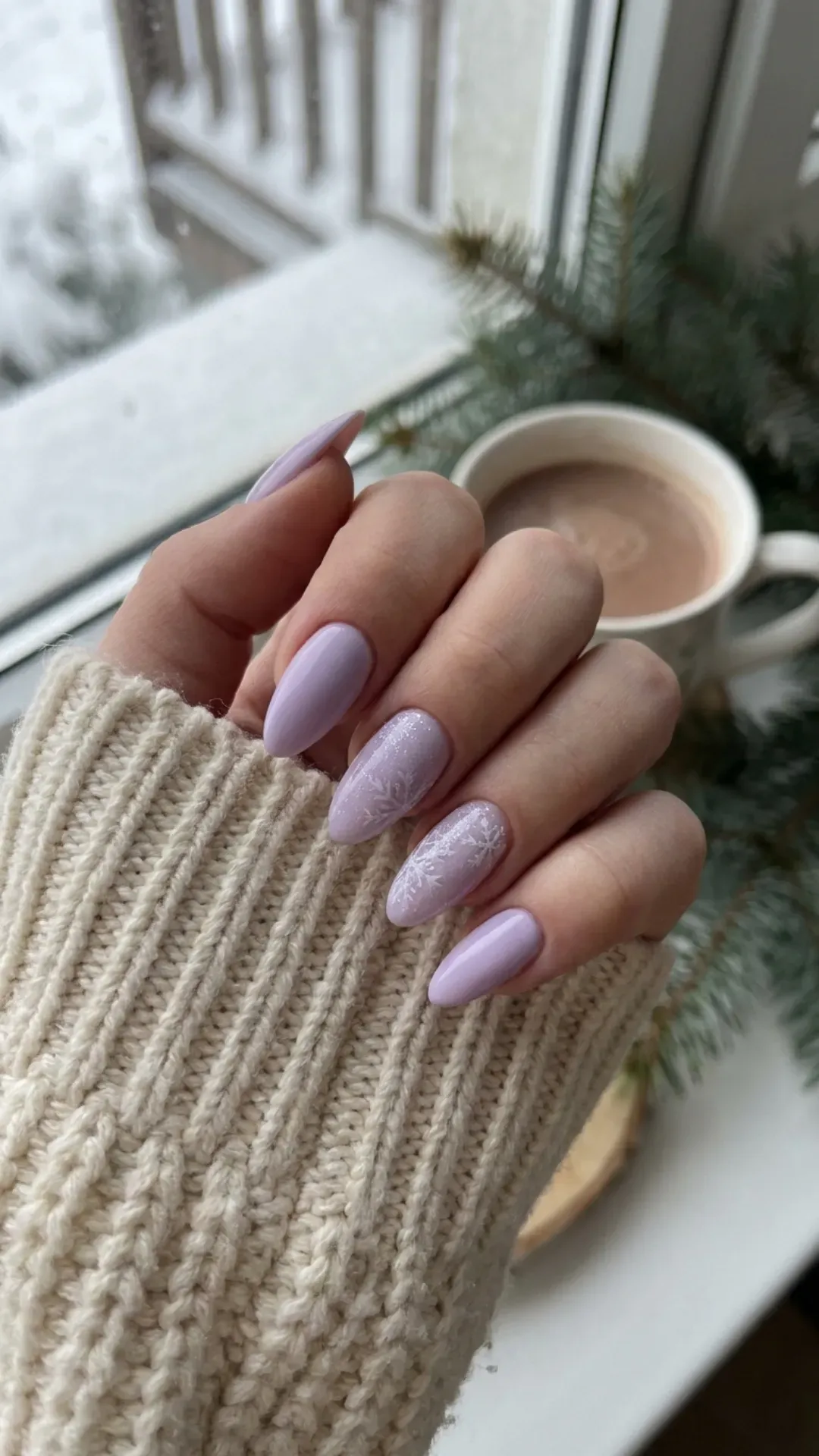 Soft lilac winter nails with a sleek almond shape, providing a simple yet stylish nod to the chilly winter season.