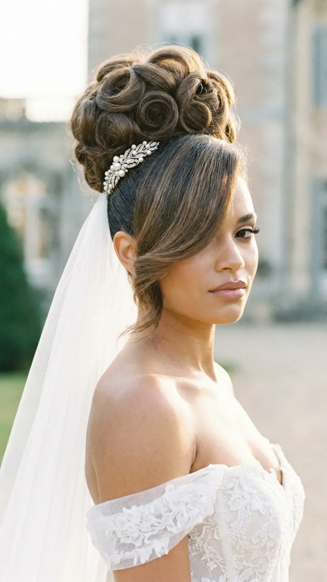 Sophisticated bridal hairstyle with a voluminous curly bun and a dramatic side sweep, suited for brides who desire a bold and elegant look.