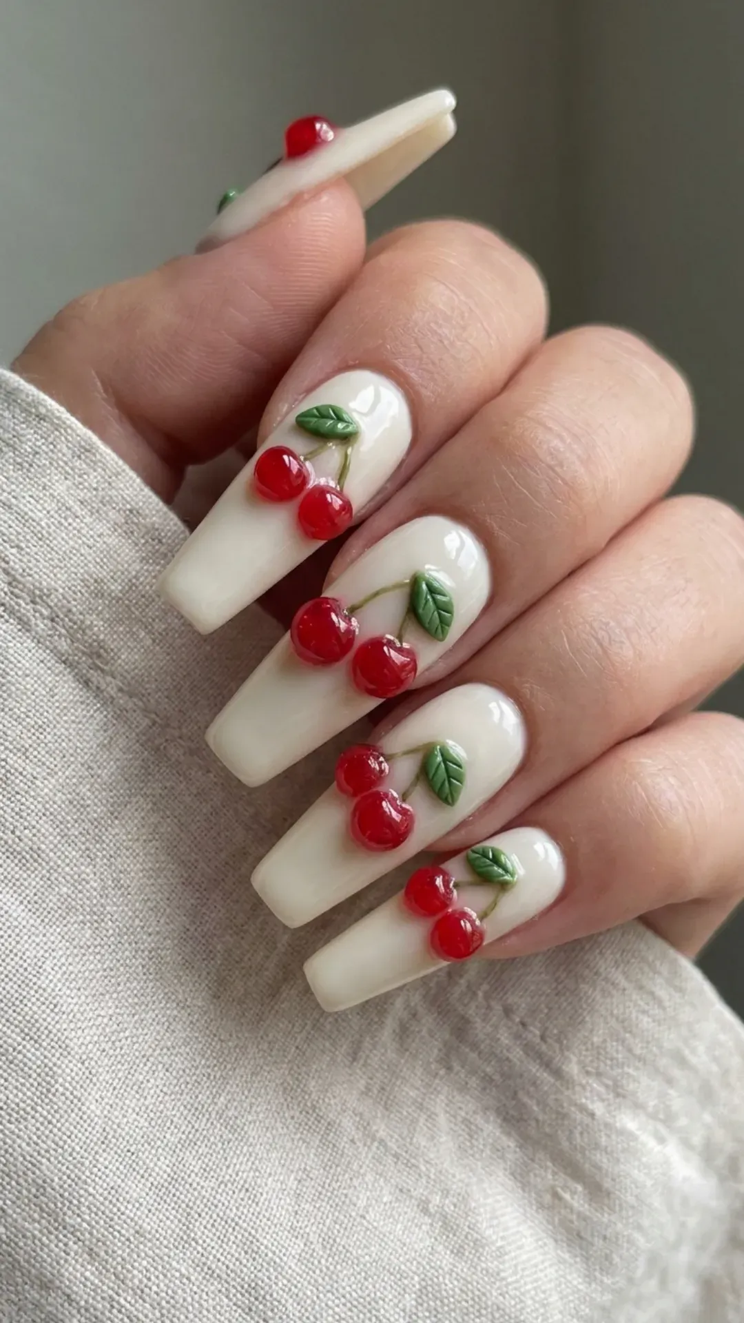 Long coffin nails with hand-sculpted 3D cherry nail art on creamy white base, artisanal texture and glossy gel finish — summer 2026