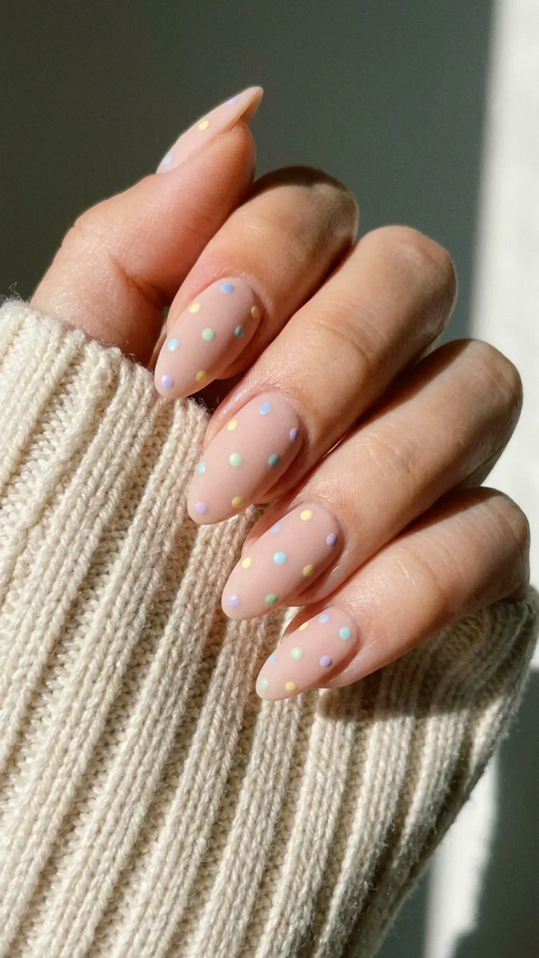 Classic nude pink nails with a matte finish, sprinkled with multicolored pastel polka dots for a timeless and cute nail design.