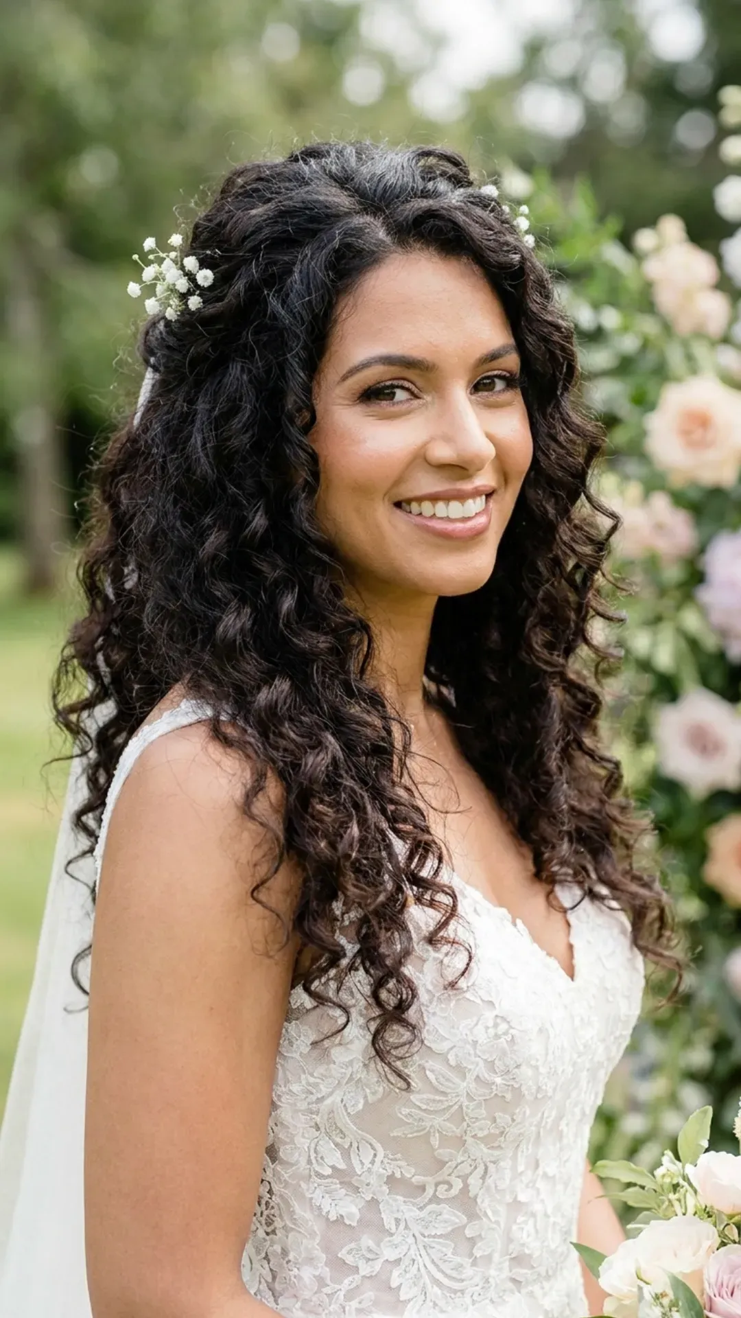 Vibrant and voluminous cascading curls complemented by a radiant smile and subtle makeup, ideal for brides wanting a naturally beautiful look on their wedding day.