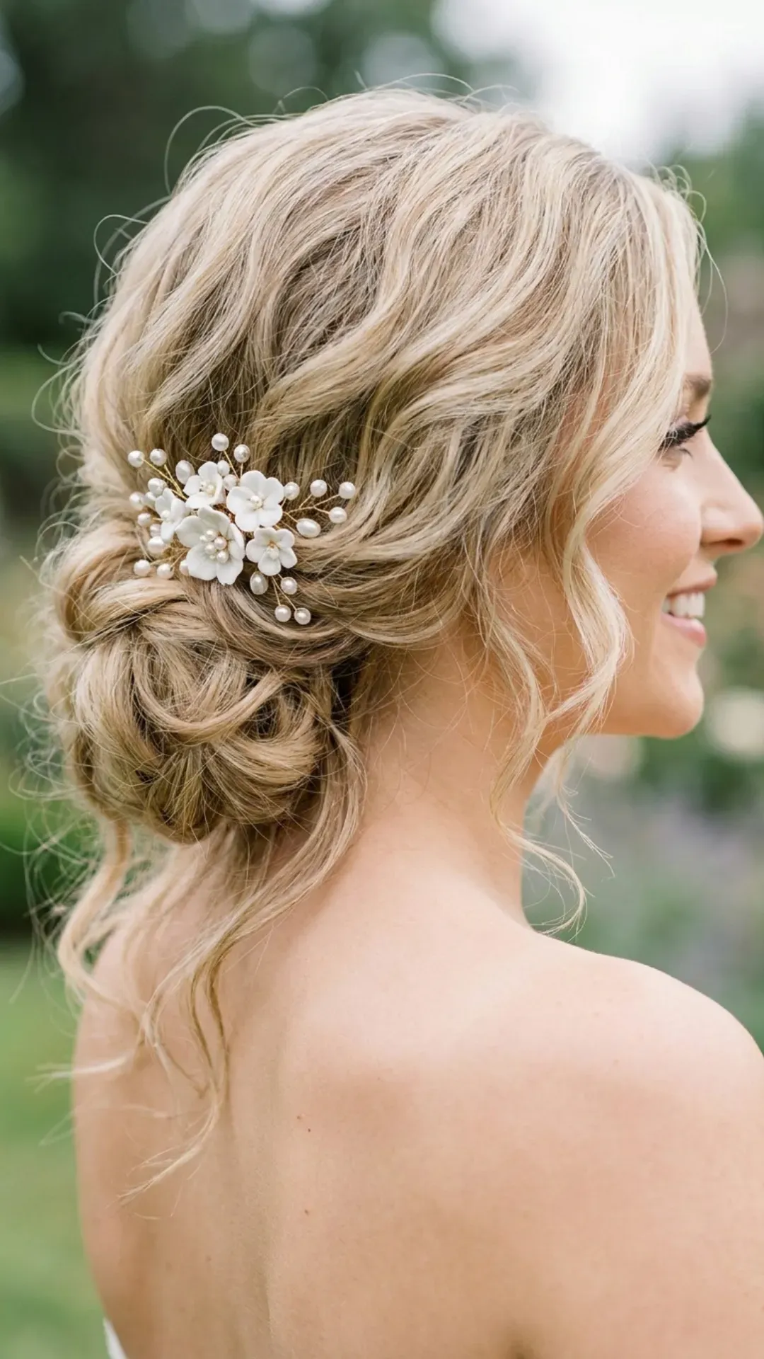 Soft, wavy bridal hairstyle elegantly pulled back with a small intricate floral pin, highlighting the bride’s features while maintaining an effortless flow.