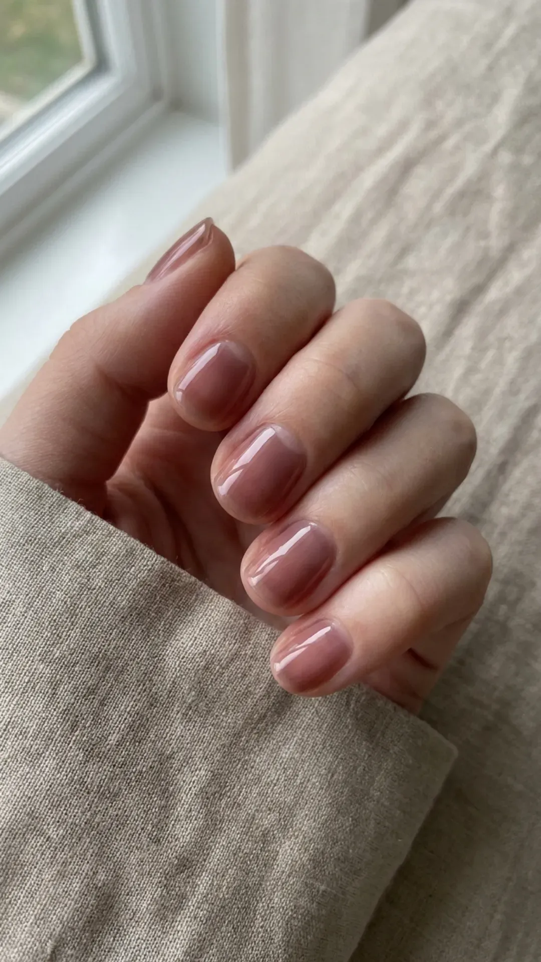 Short natural nails with translucent smoky rose jelly finish, sheer glassy texture, natural nail visible beneath — 2026 summer nails