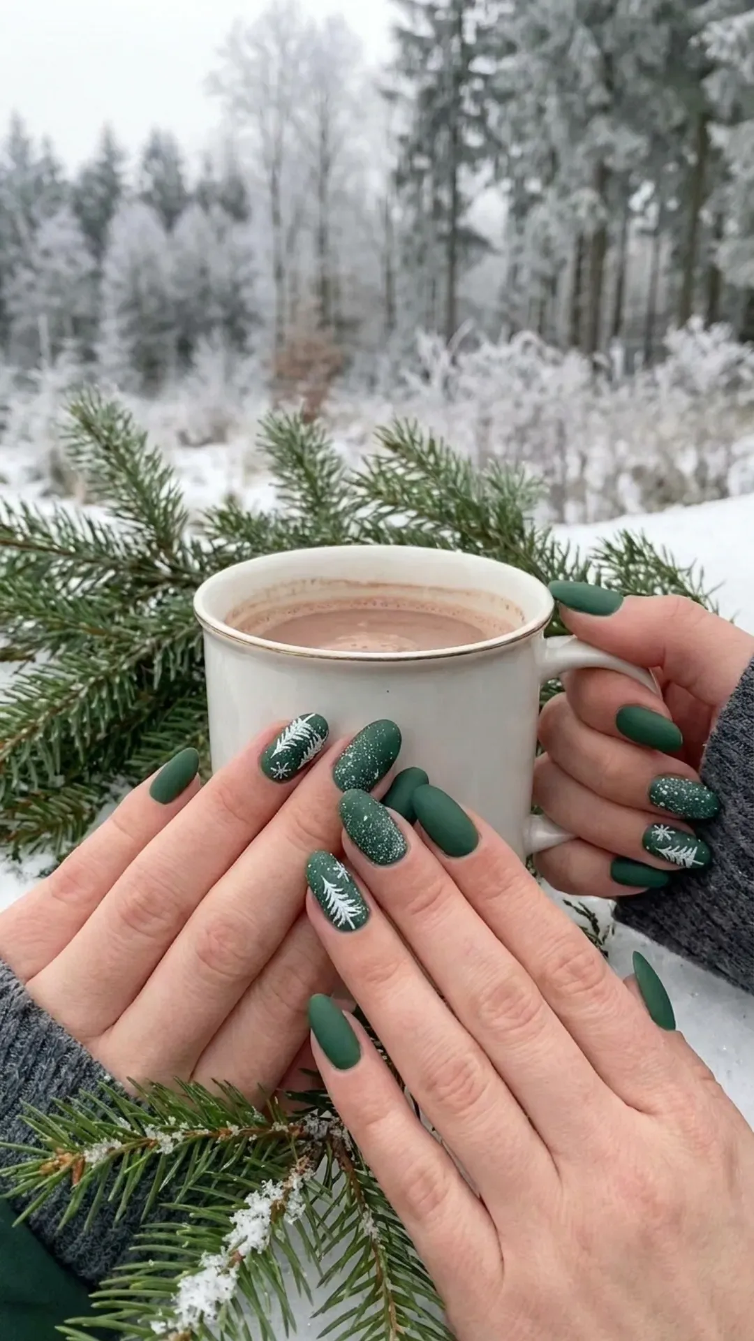 Festive green nails with a matte finish and white pine tree designs, reminiscent of a serene walk through a winter forest.