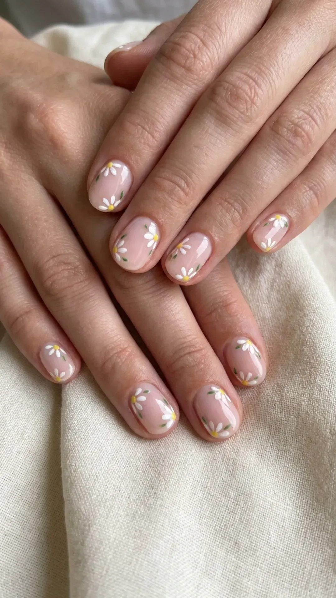  Pale pink nails offering a clean, natural look, each nail is embellished with small, white daisy designs, perfect for a subtle yet charming floral manicure.