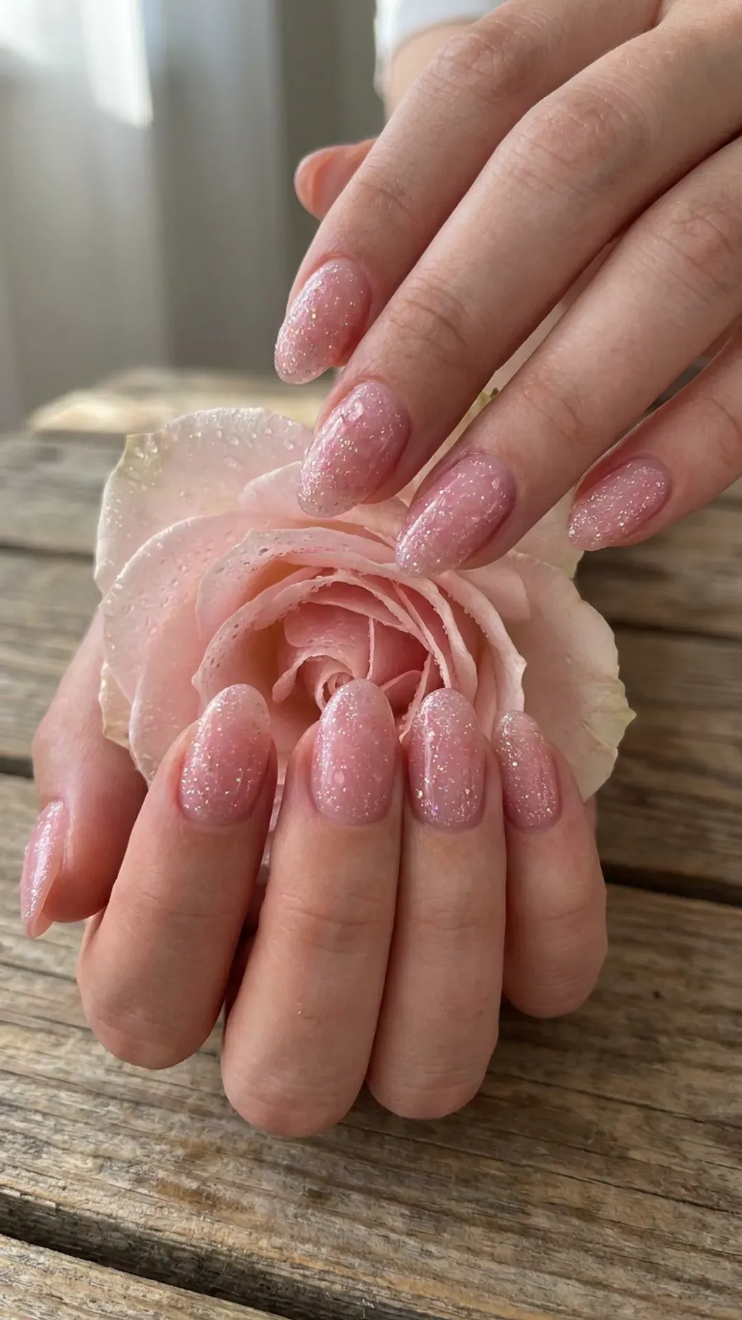 Rose-tinted nails each individually dusted with fine glitter, mimicking the fresh, dewy appearance of a rose at dawn