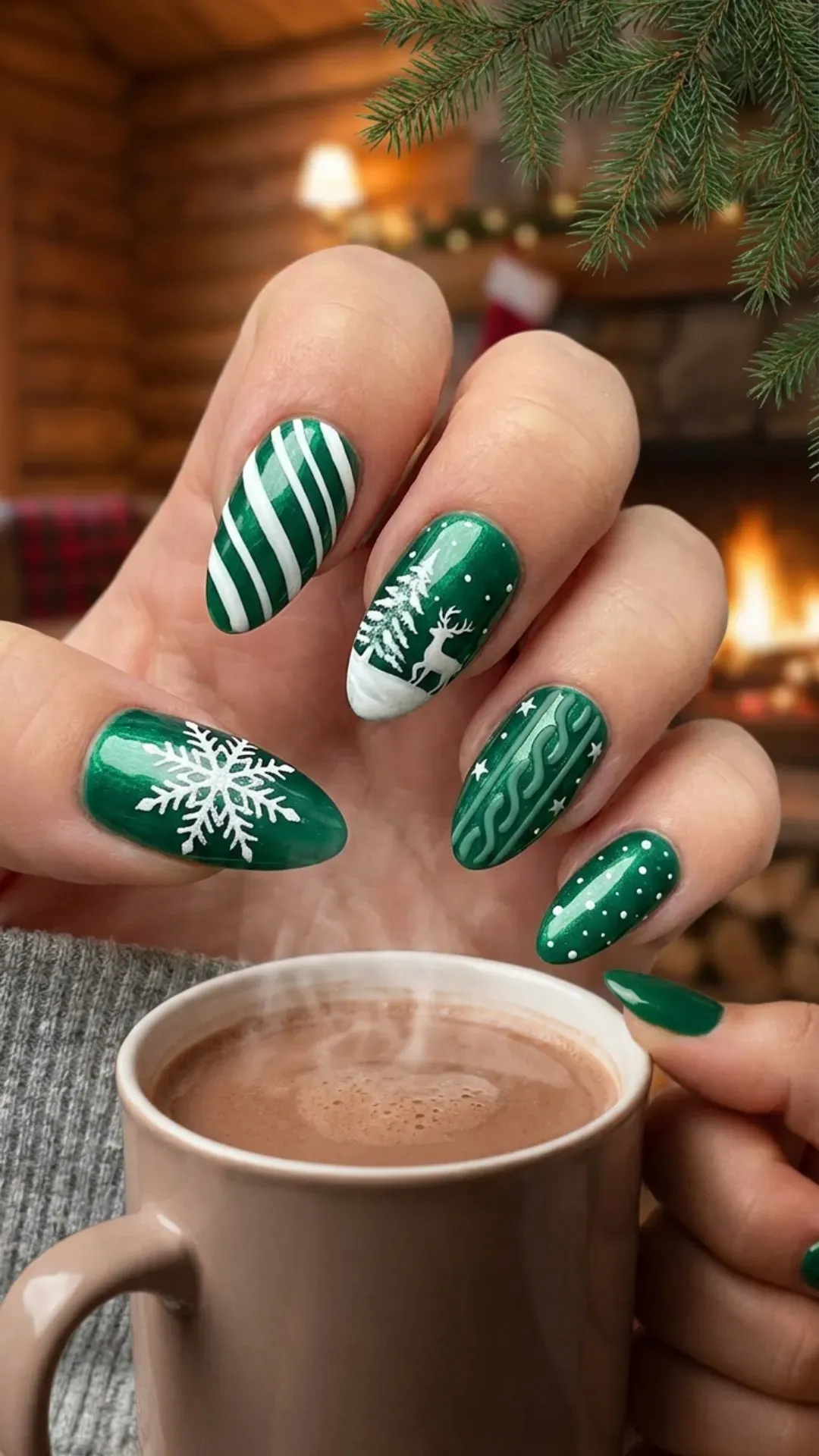 Glossy emerald green nails with white winter-themed patterns, including a unique snowflake and candy cane stripes.