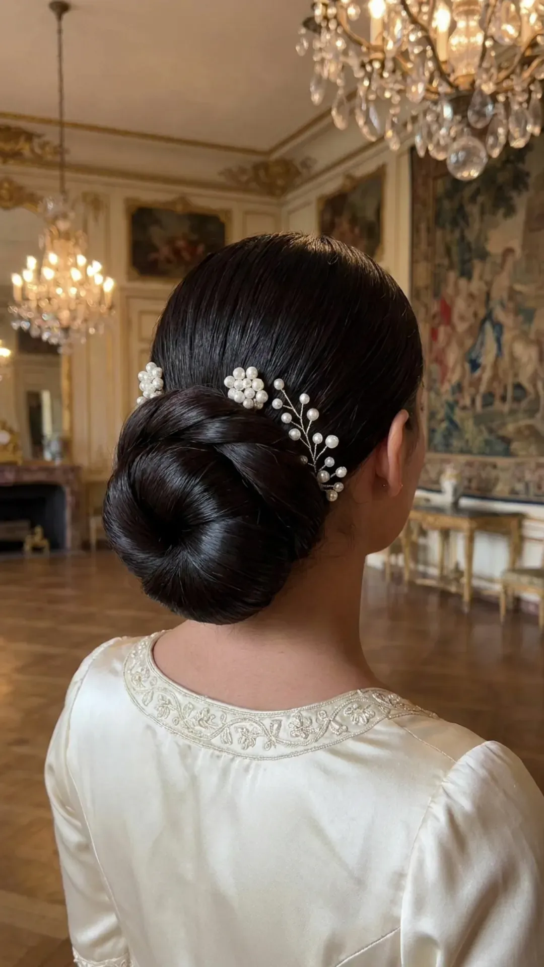 Sleek and smooth twisted bun enhanced with elegant pearl accents, offering a luxurious and formal look perfect for a grand wedding setting.