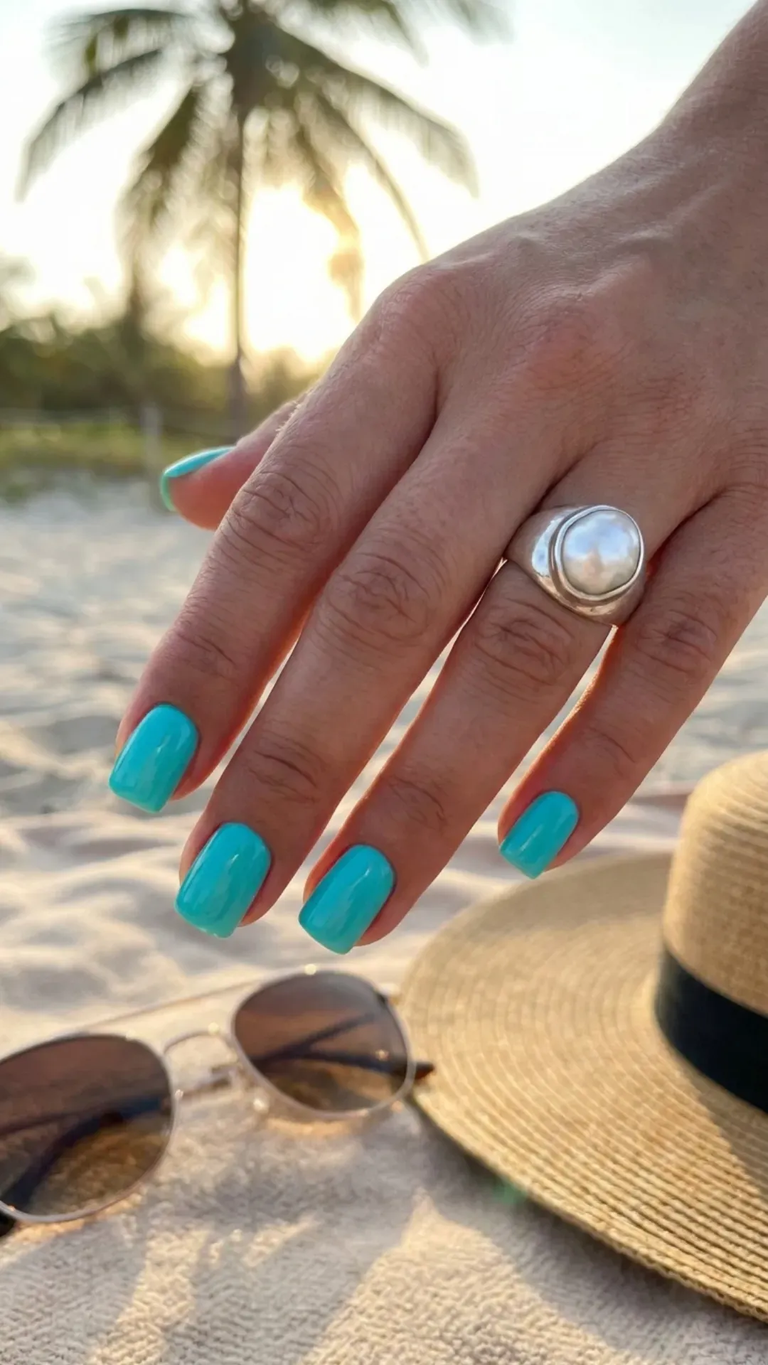 Turquoise short nails with a pearl ring, showcasing a vibrant and trendy color for summer 2026, ideal for beach outings.