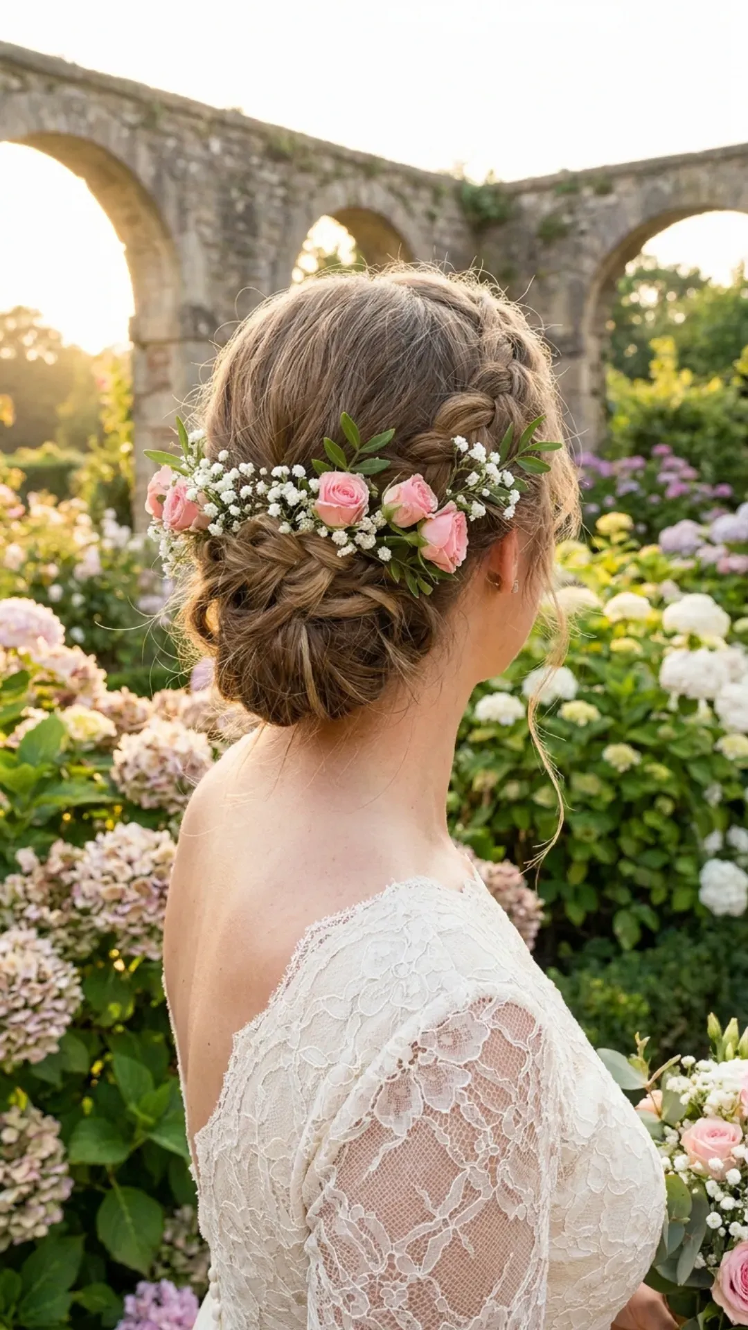 Charming braided crown with small pink flowers intertwined, creating a whimsical and enchanting hairstyle ideal for a garden wedding.