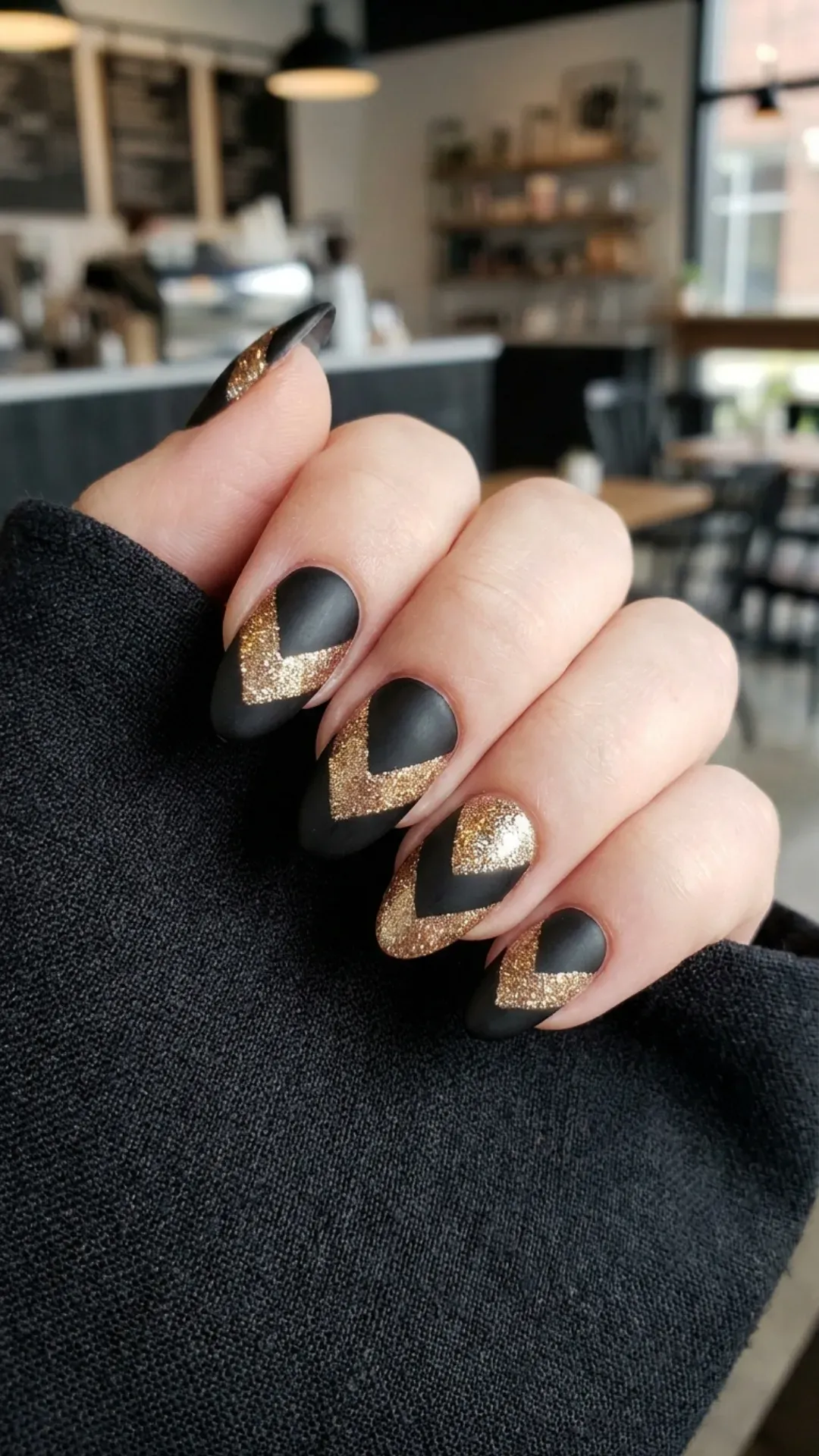  A combination of matte black and shiny gold glitter in a chevron pattern, creating a contrasting yet harmonious nail design that's fashion-forward.