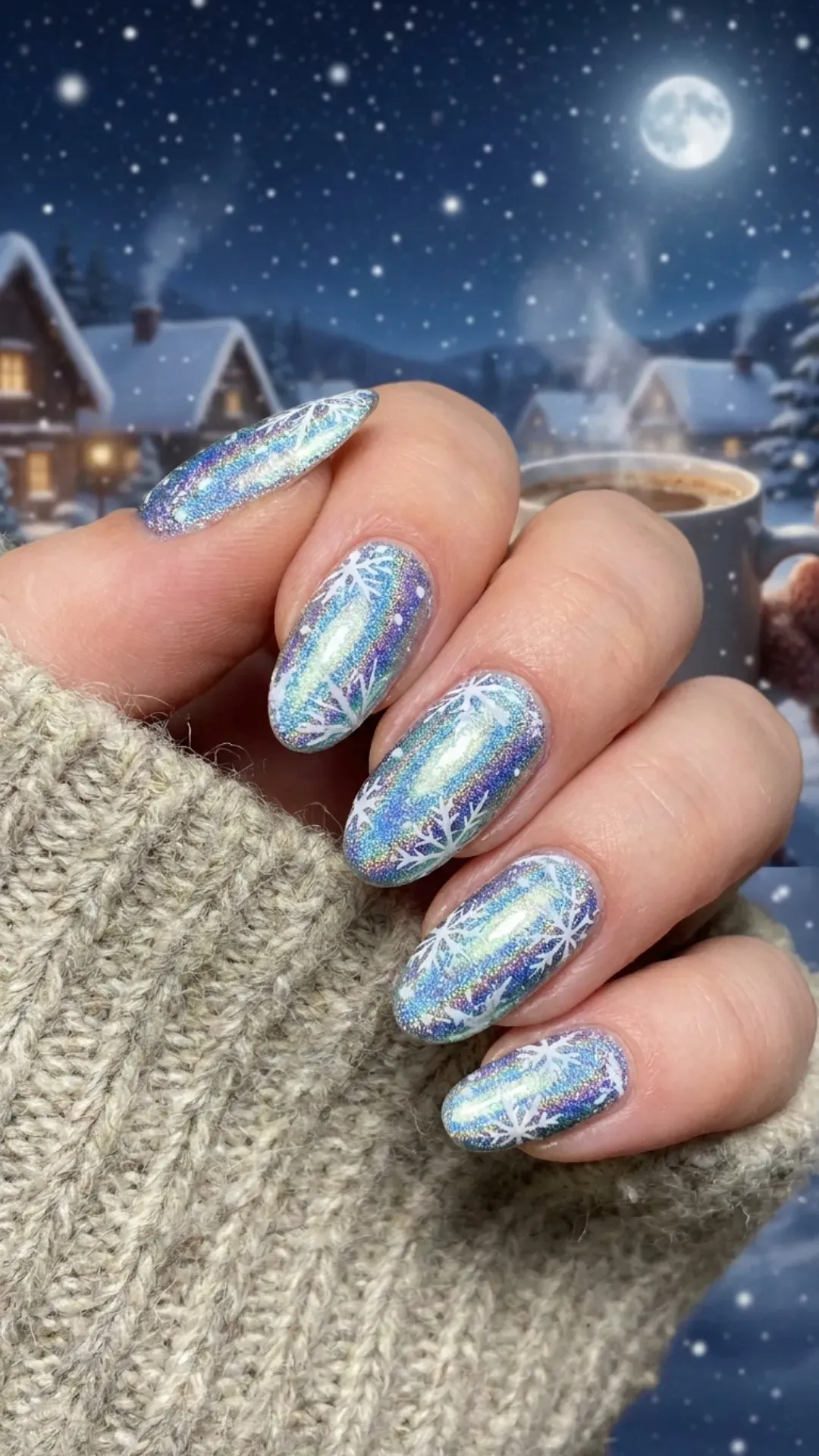 Sparkling holographic nails with intricate snowflake details, reflecting the enchanting shimmer of a snowy winter night.