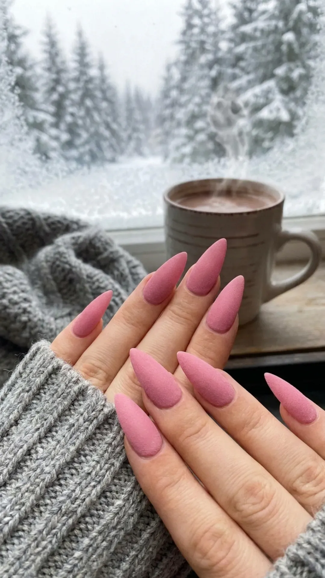Bold and striking, these matte pink stiletto nails make a strong fashion statement with their pointed shape and smooth, velvety finish, standing out as a trendy choice for winter nail enthusiasts.