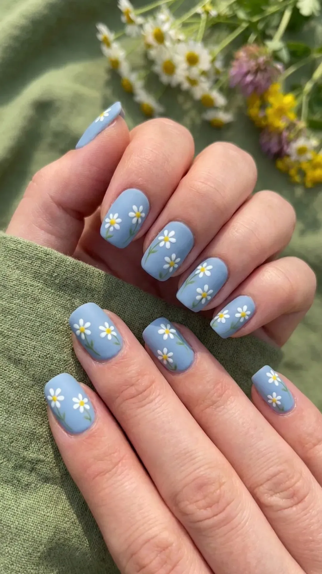 Matte blue nails inspired by a clear spring sky, each adorned with two or three simple white daisies, creating a tranquil and serene floral nail design.