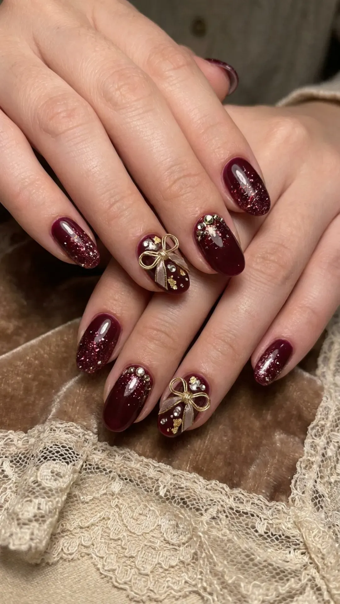 Deep burgundy nails featuring delicate bows and sparkling accents for a romantic and dramatic nail design.