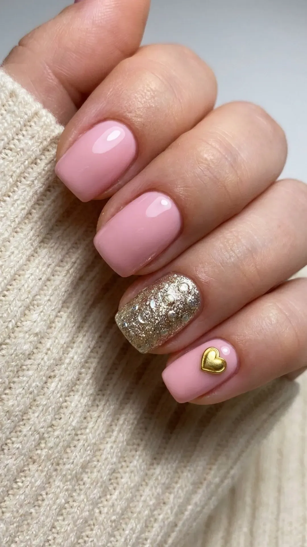 A combination of textured nails, one sparkling like champagne bubbles, others smooth in pink, accented with a golden heart.