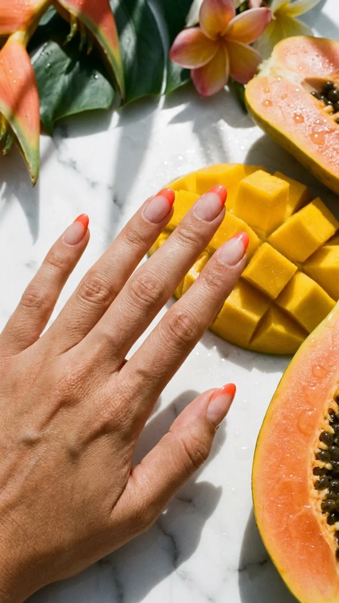 French manicure with bright tangerine-coral tips on sheer natural base, styled beside fresh tropical fruit — summer 2026 nail trend