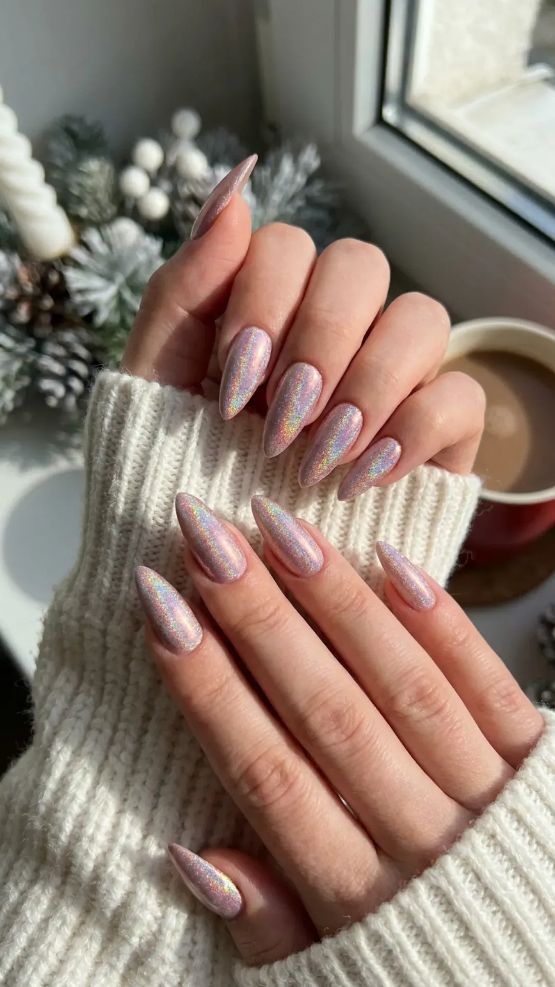 These long, stiletto-shaped nails catch the light with a holographic shimmer, reflecting a spectrum of colors against a pink base, perfect for adding a futuristic touch to your winter nail wardrobe.