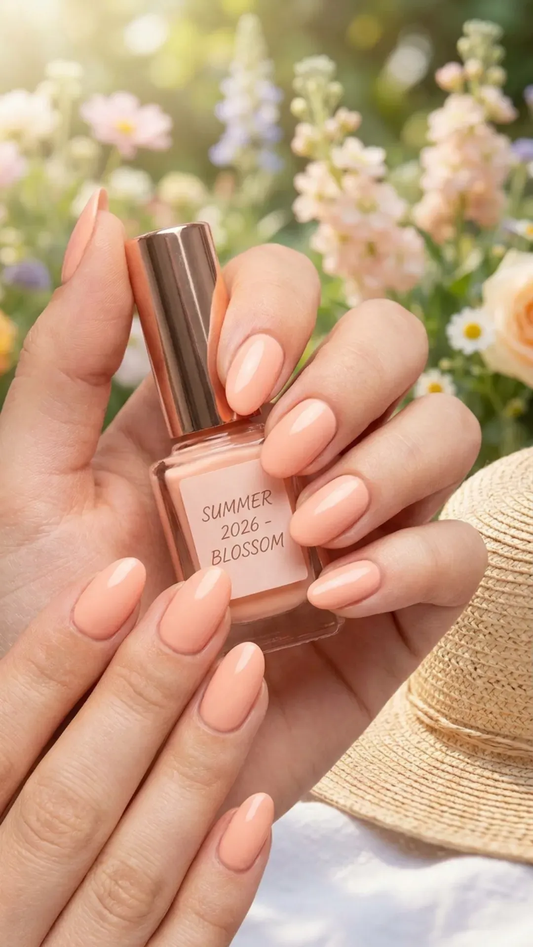 Close-up of soft peach nails holding a nail polish bottle, featuring a gentle and feminine color perfect for summer 2026.