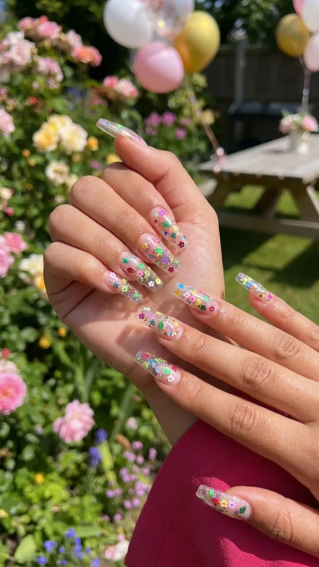 Transparent nails scattered with multicolored flower confetti pieces, creating a playful and joyous nail art design that's reminiscent of a springtime celebration.